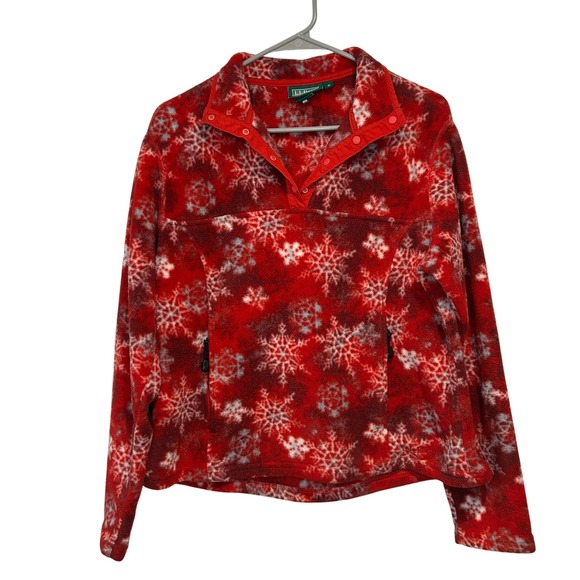 LL Bean Fleece Vintage Pullover Red Snowflake Christmas Print Medium - Picture 1 of 8